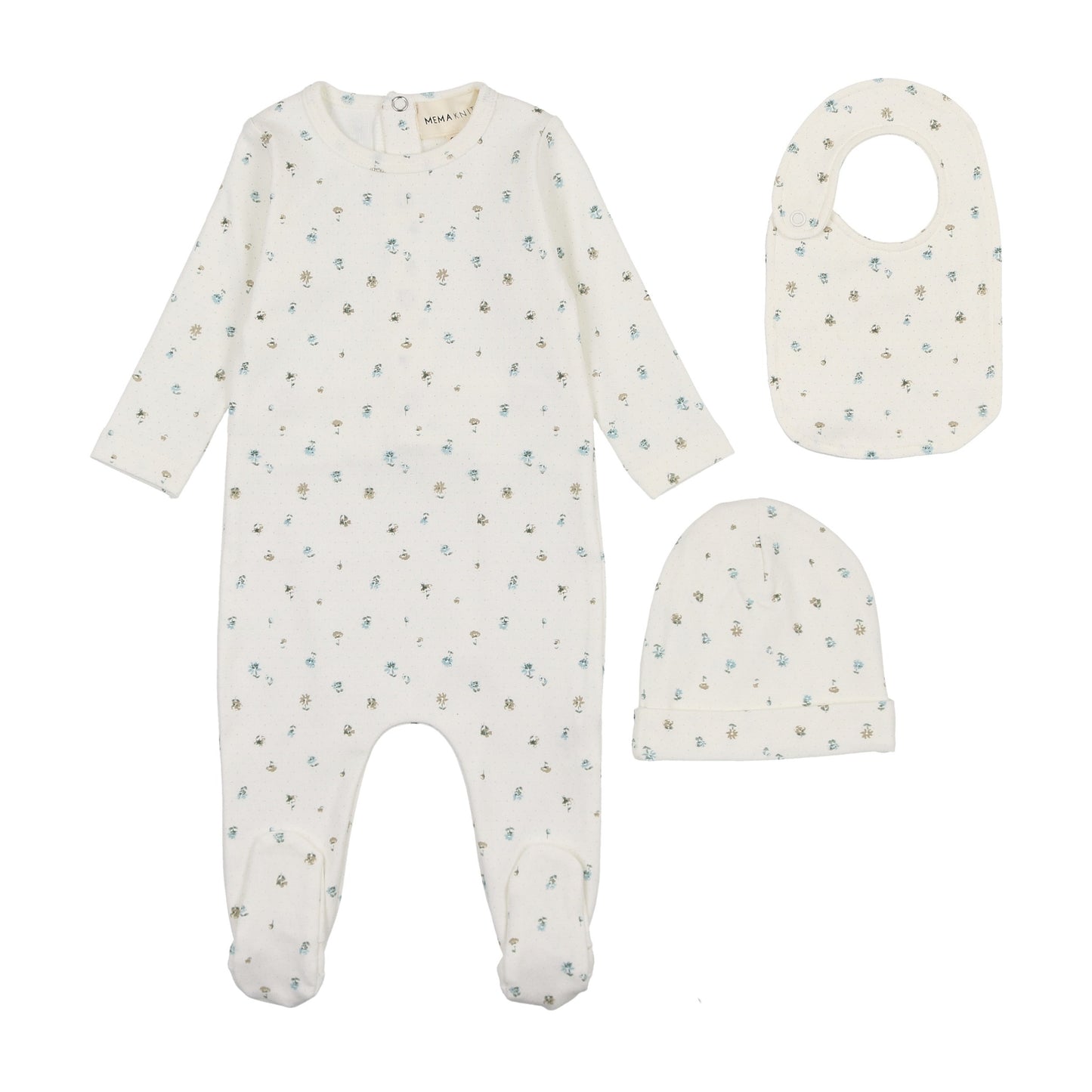 Polka dot floral print footie + beanie & bib