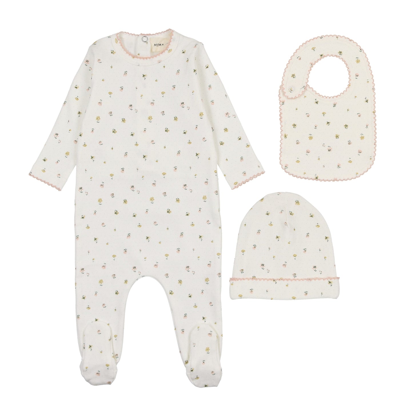 Polka dot floral print footie + beanie & bib