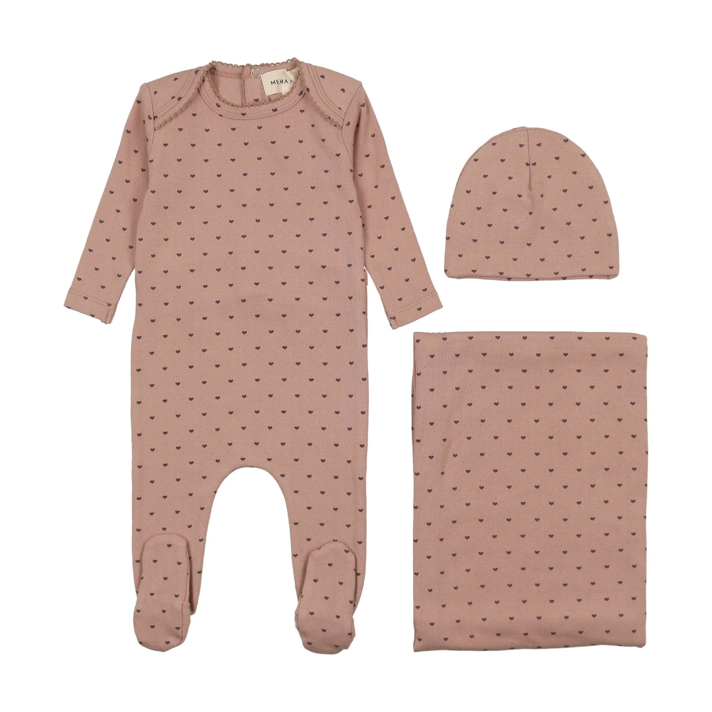 Pointelle heart print three piece set