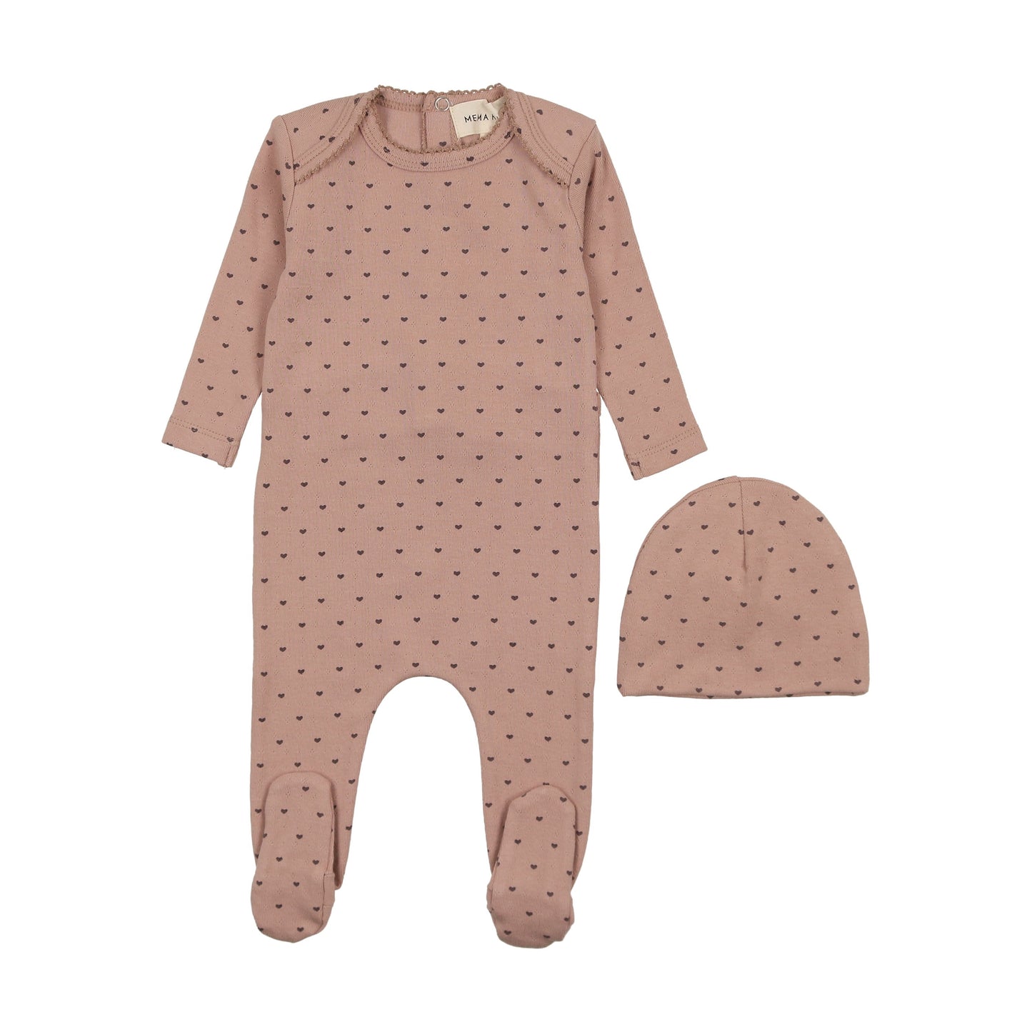 Pointelle heart print footie + beanie