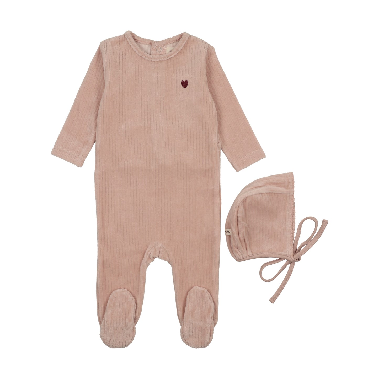 Ribbed velour embroidered footie + bonnet