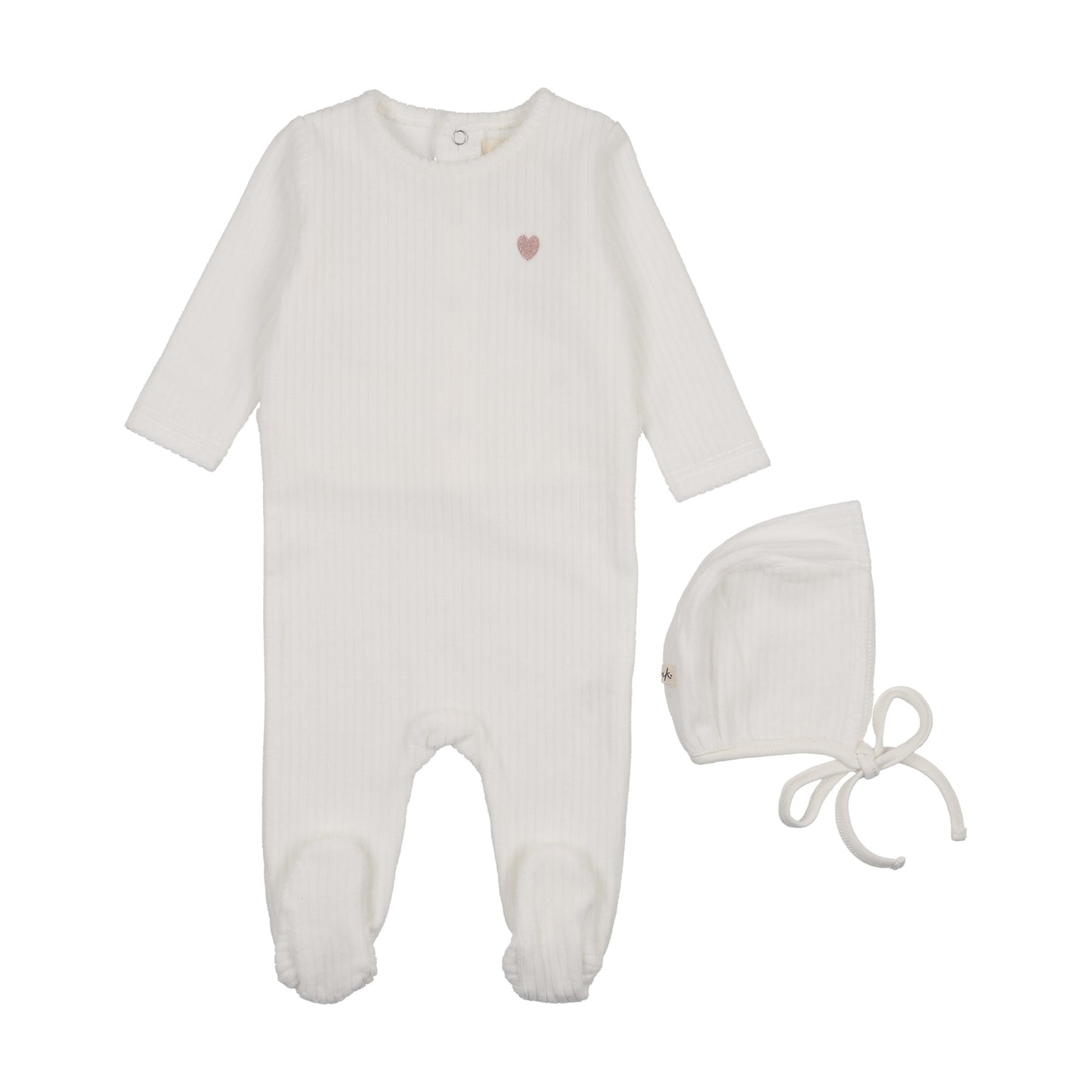 Ribbed velour embroidered footie + bonnet