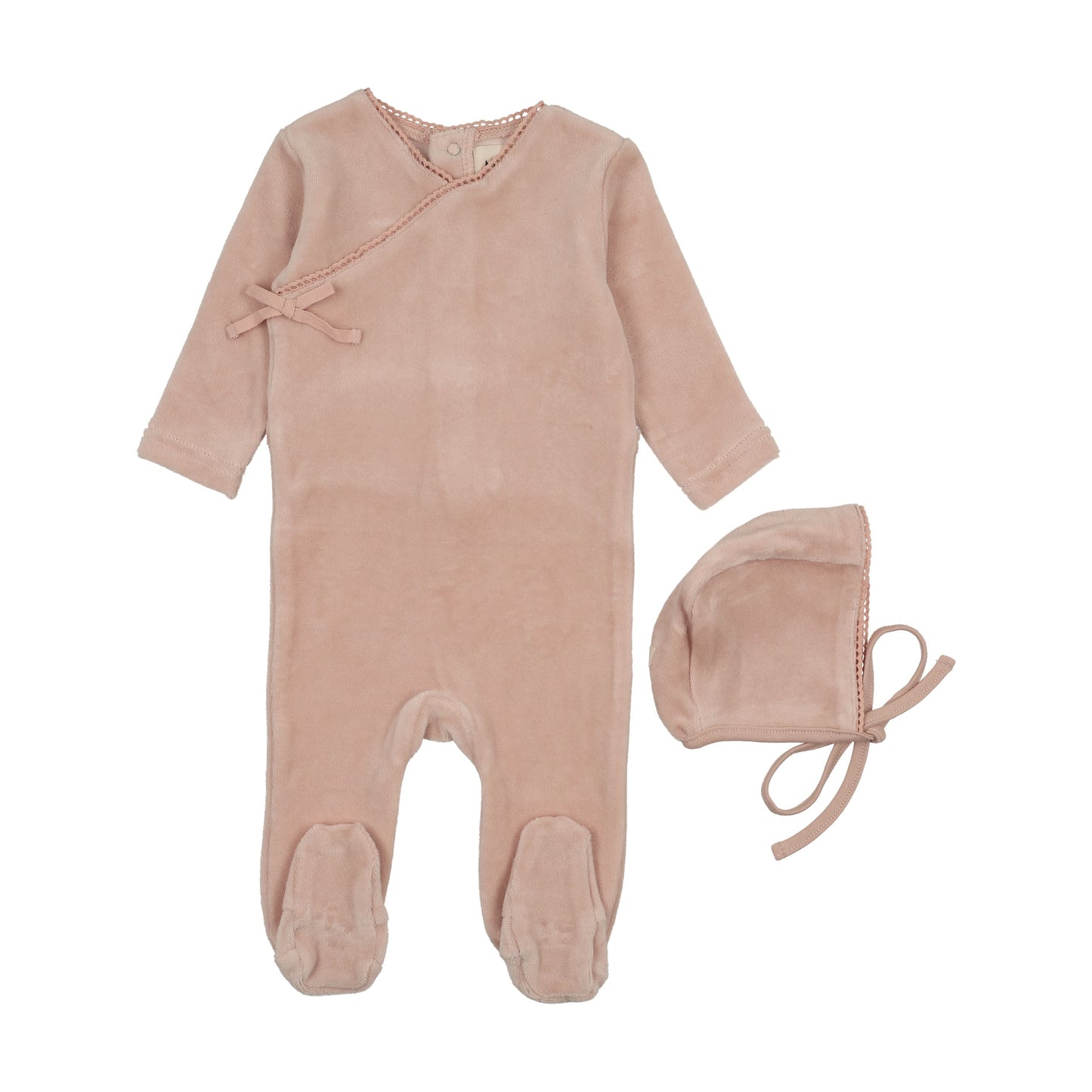 Velour Mock wrap footie + Bonnet