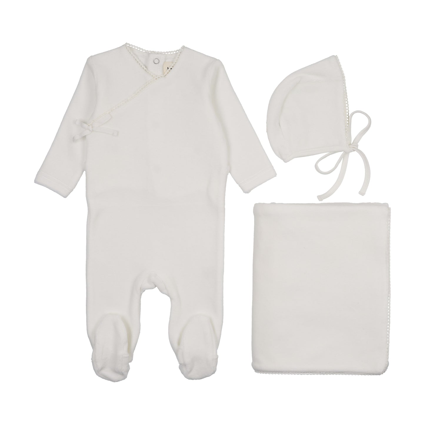 Velour mock wrap footie three piece set