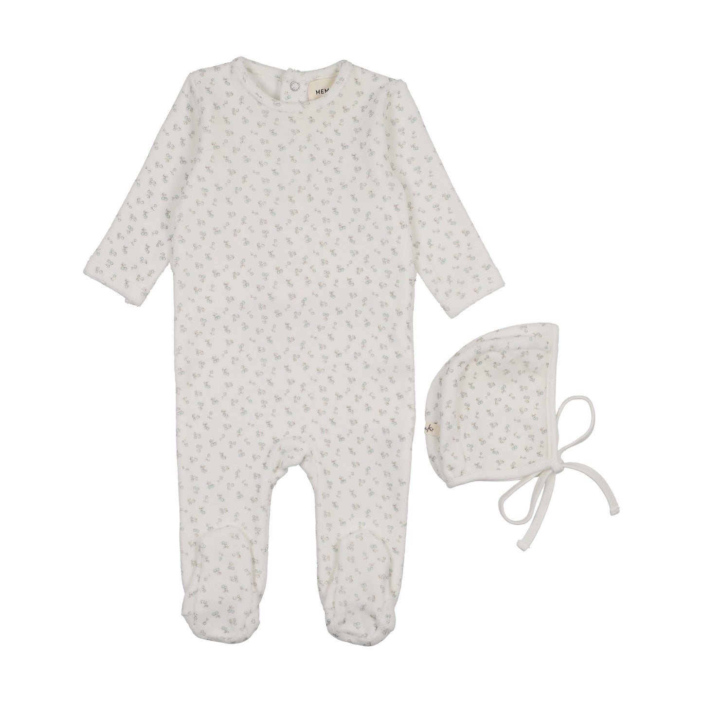 Velour cherry printed footie+ bonnet