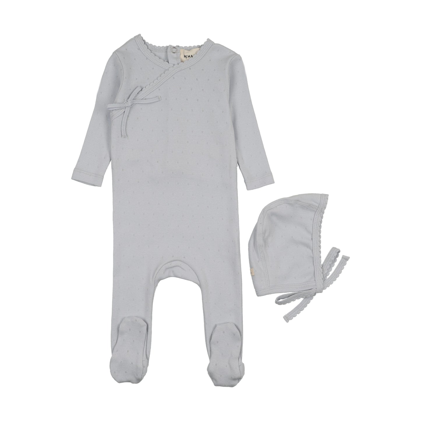 Pointelle scalloped edge footie + bonnet
