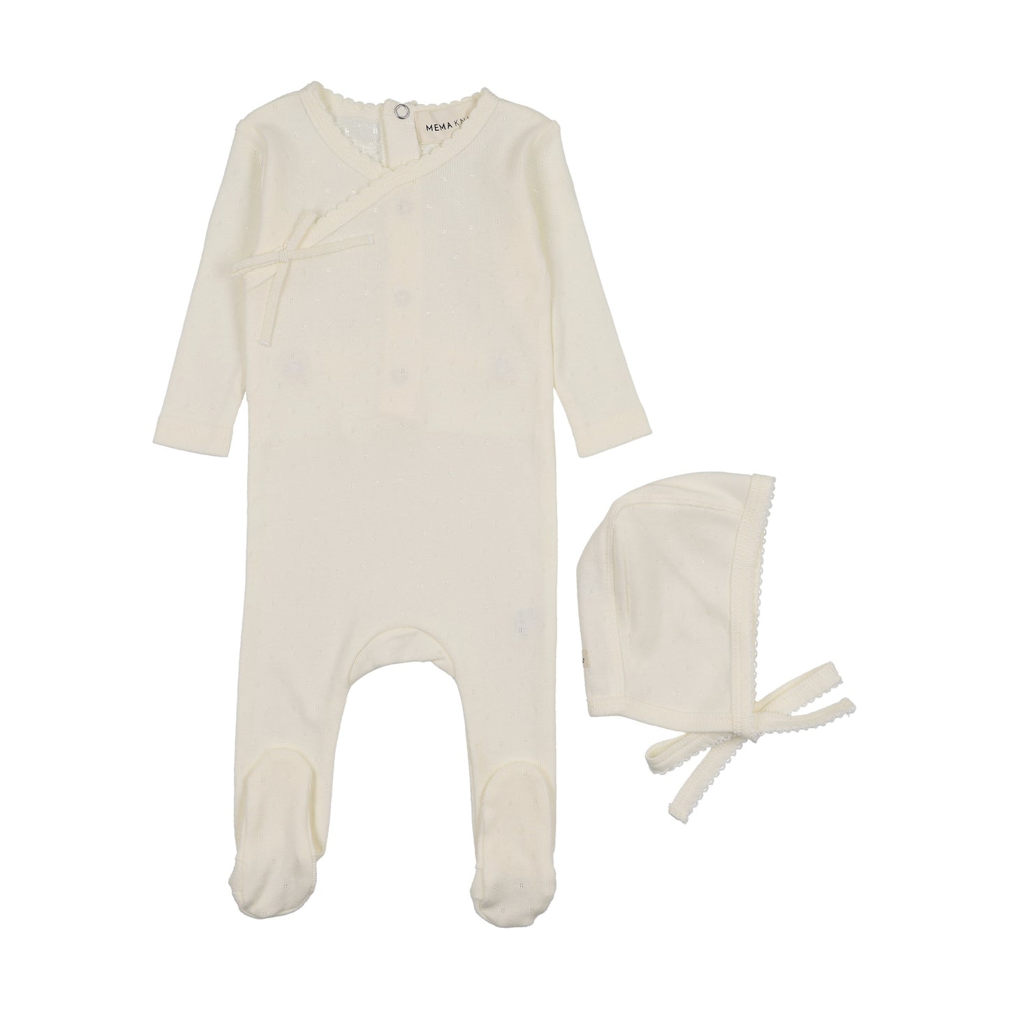 Pointelle scalloped edge footie + bonnet