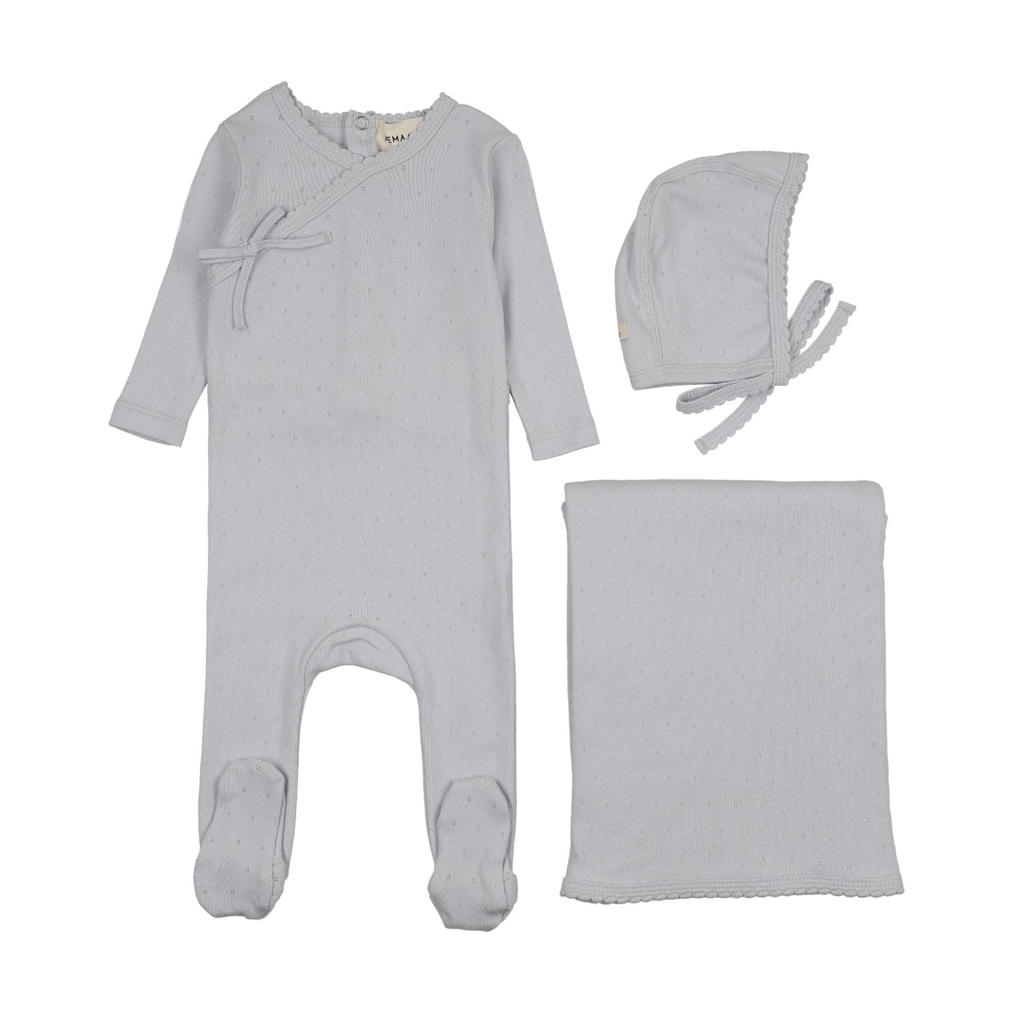 Pointelle scalloped edge three piece set