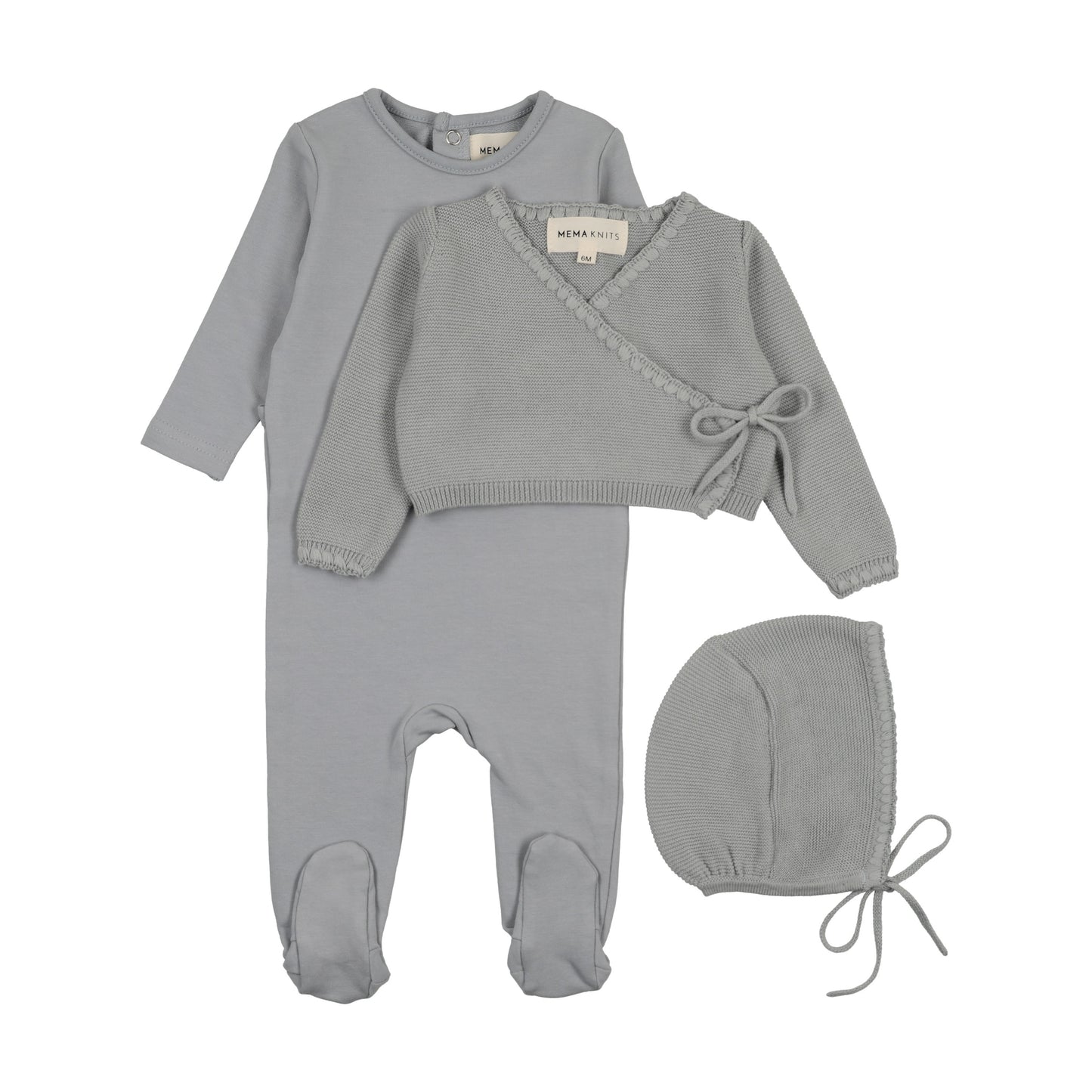 Embroidered edge knit sweater and bonnet + base footie