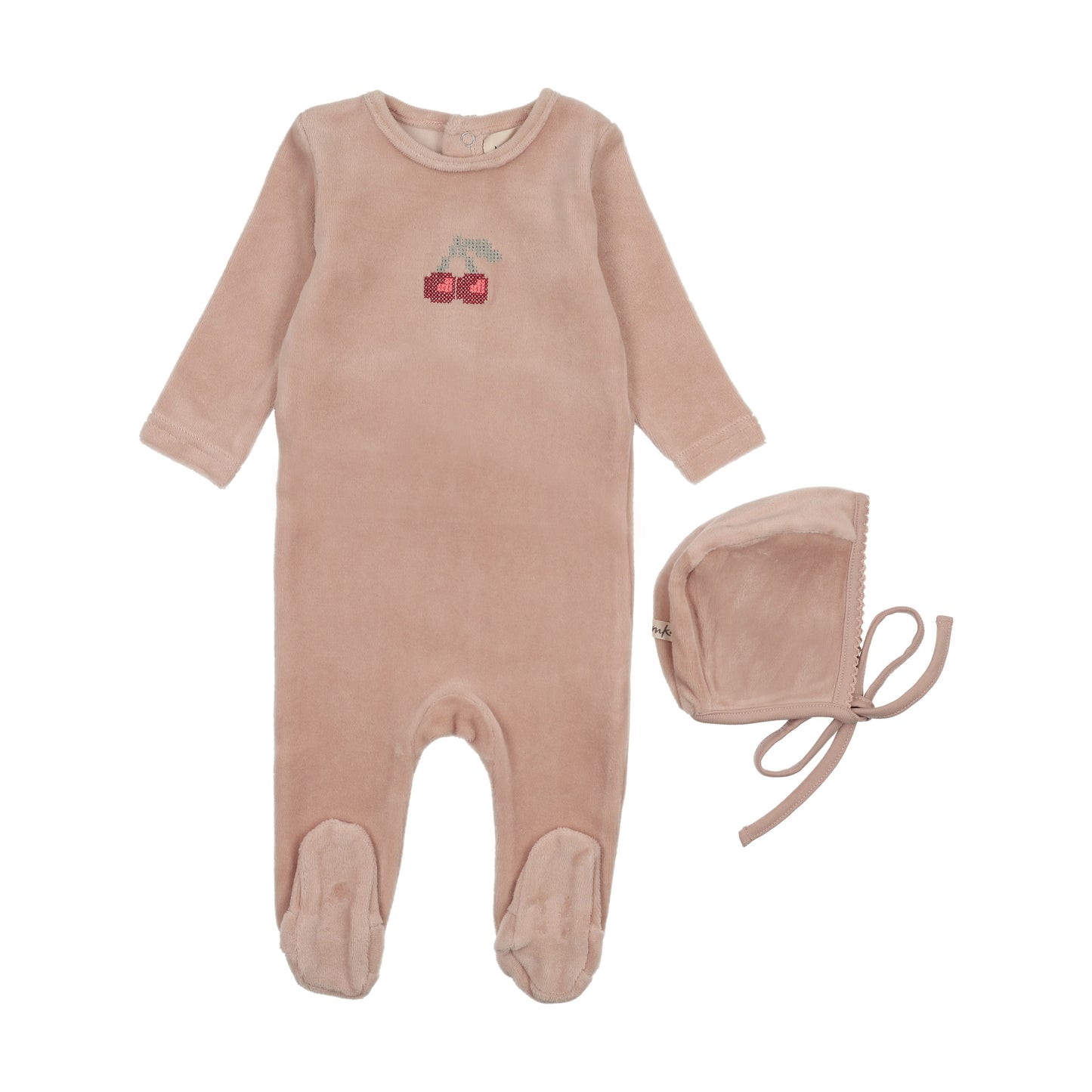 Velour Embroidered Cherry Footie + Bonnet (M449)