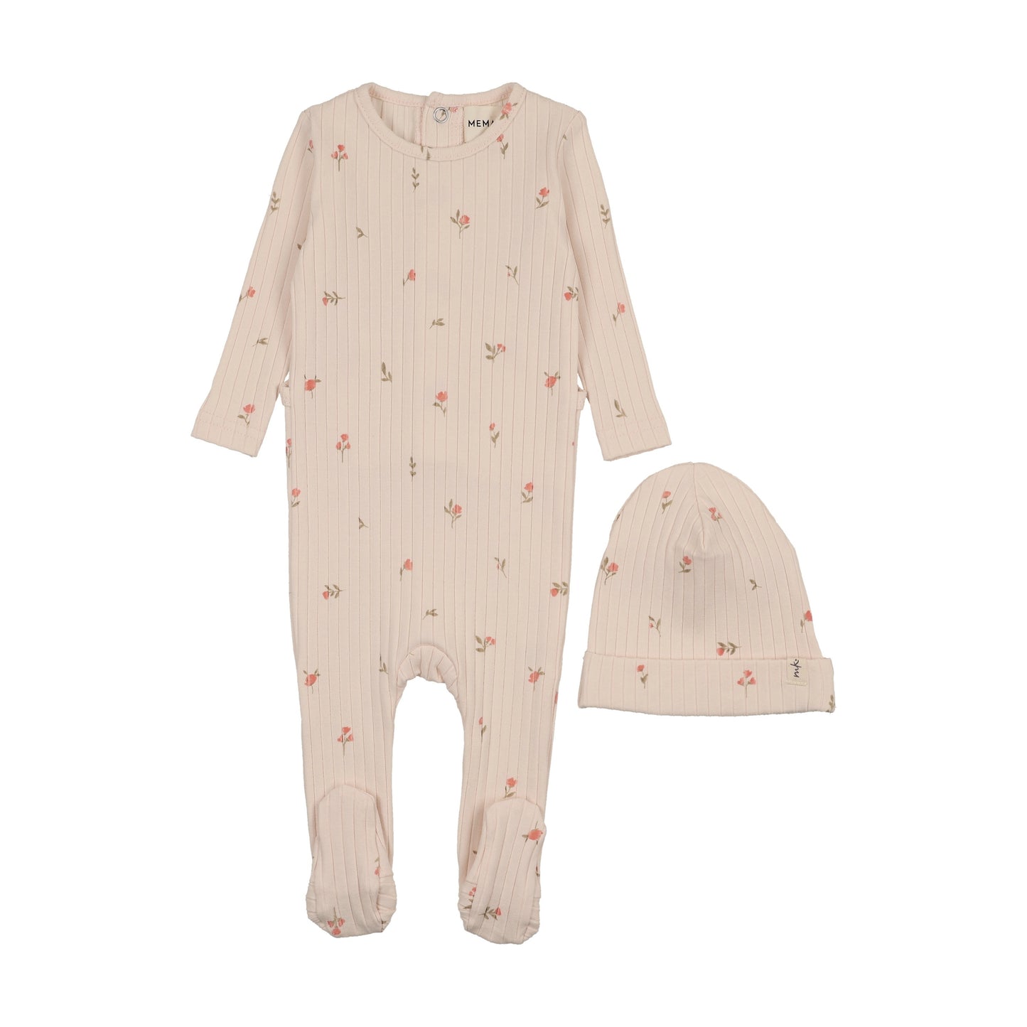 RIB FLORAL PRINT FOOTIE + BEANIE