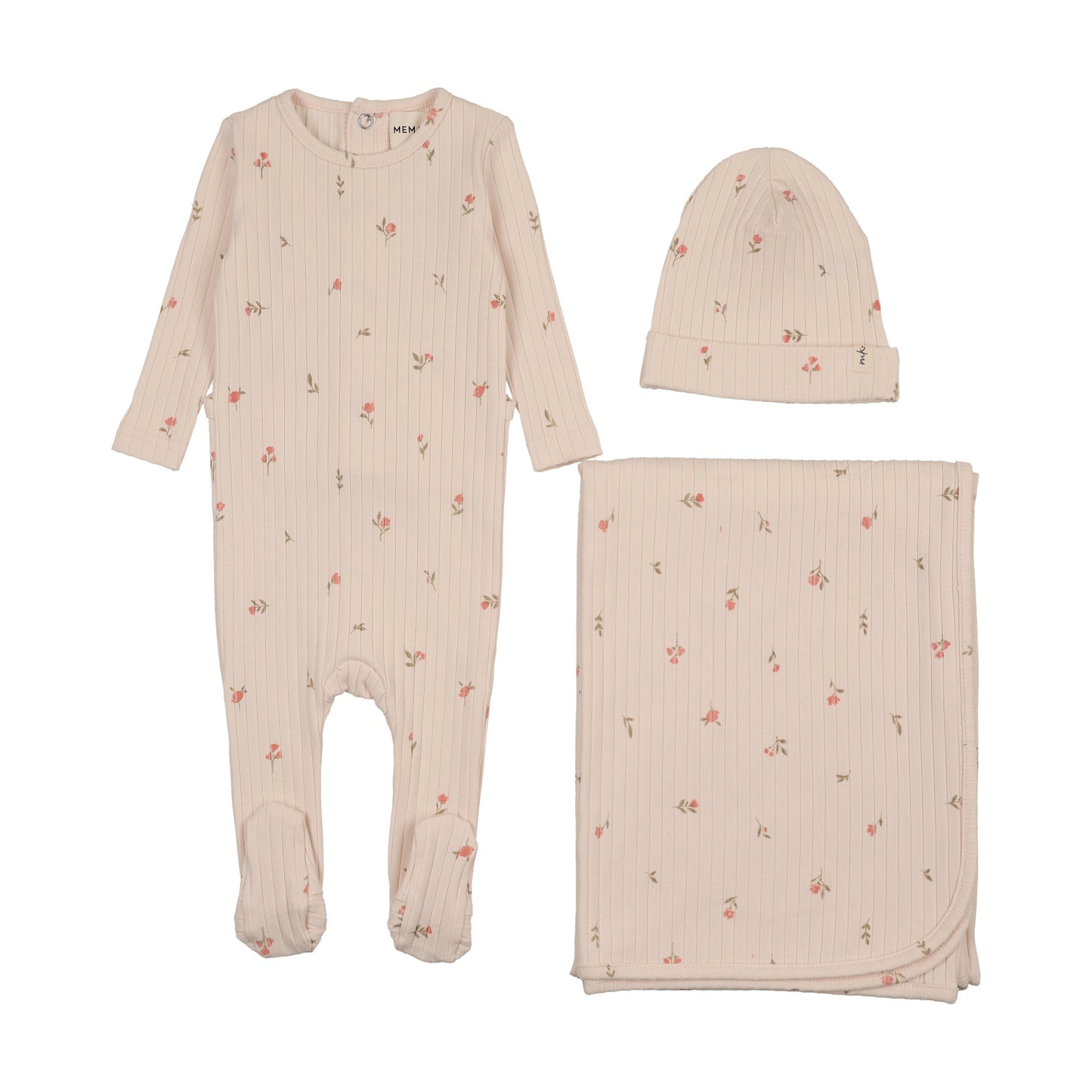RIB FLORAL PRINT FOOTIE THREE PIECE SET