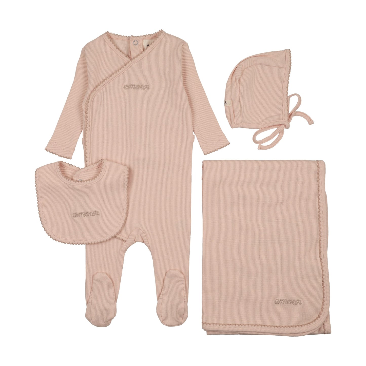 AMOUR EMBROIDERED FOOTIE FOUR PIECE SET