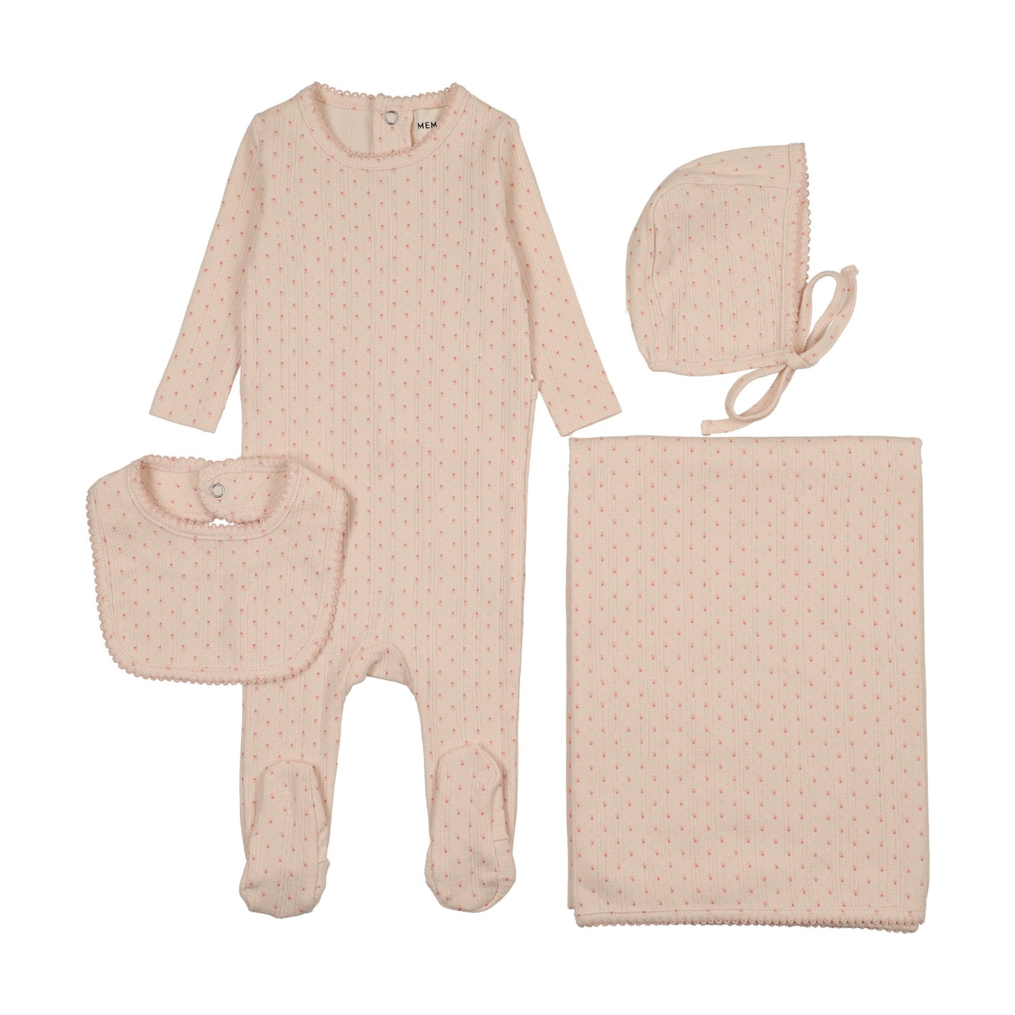 POINTELLE TULIP PRINT FOOTIE + BIB FOUR PIECE SET