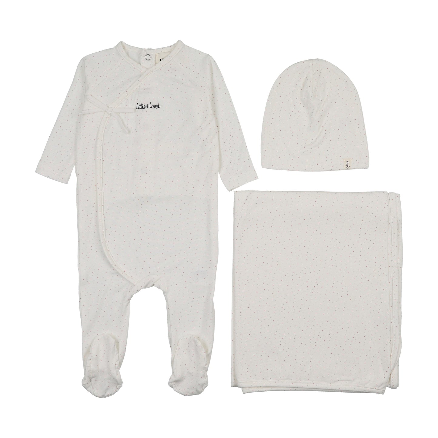MOCK WRAP POLKA DOT FOOTIE THREE PIECE SET