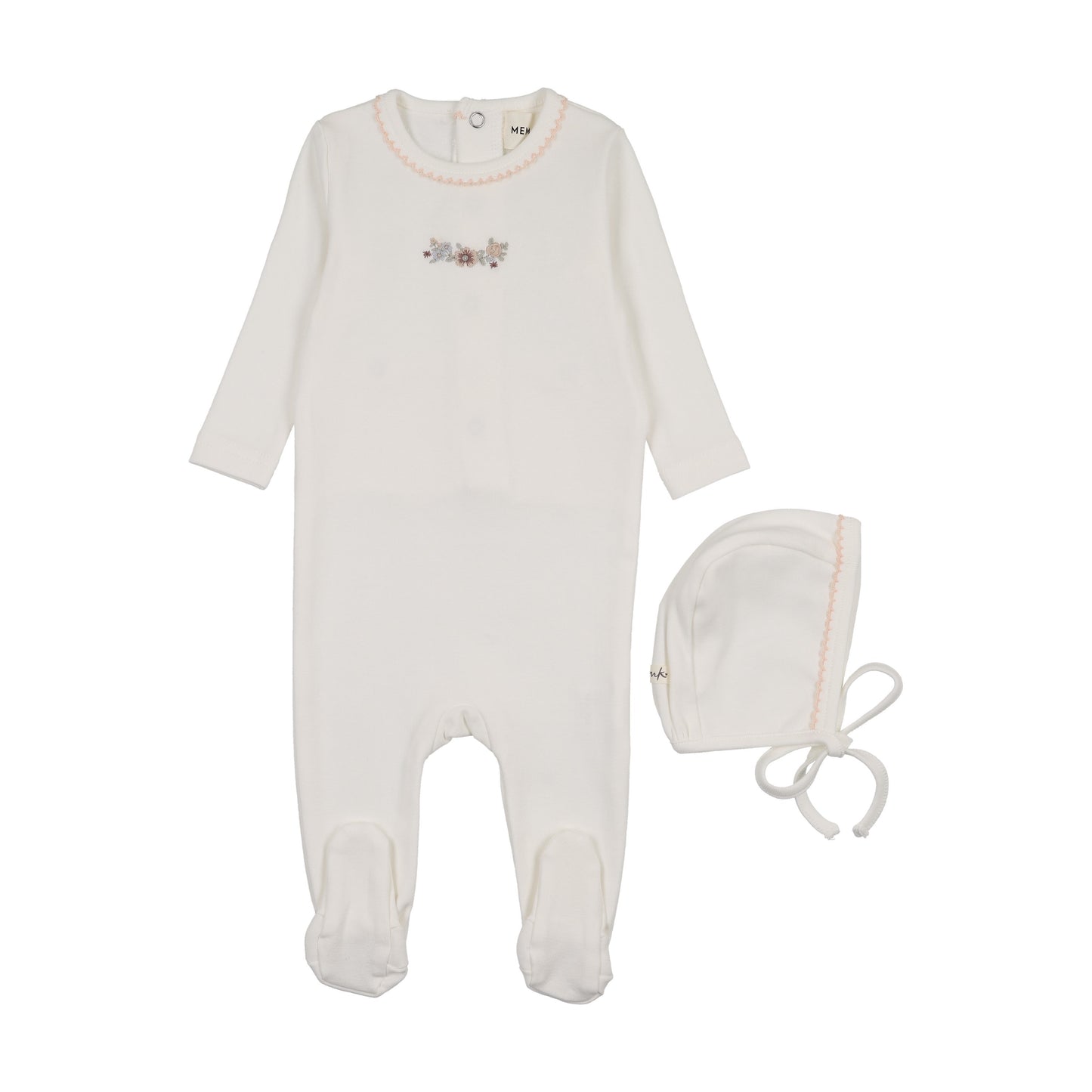 FLORAL EMBROIDERY FOOTIE + BONNET