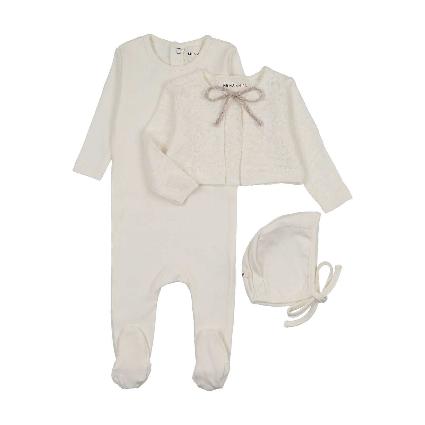POINTELLE FOOTIE + SLUB CARDIGAN + BONNET