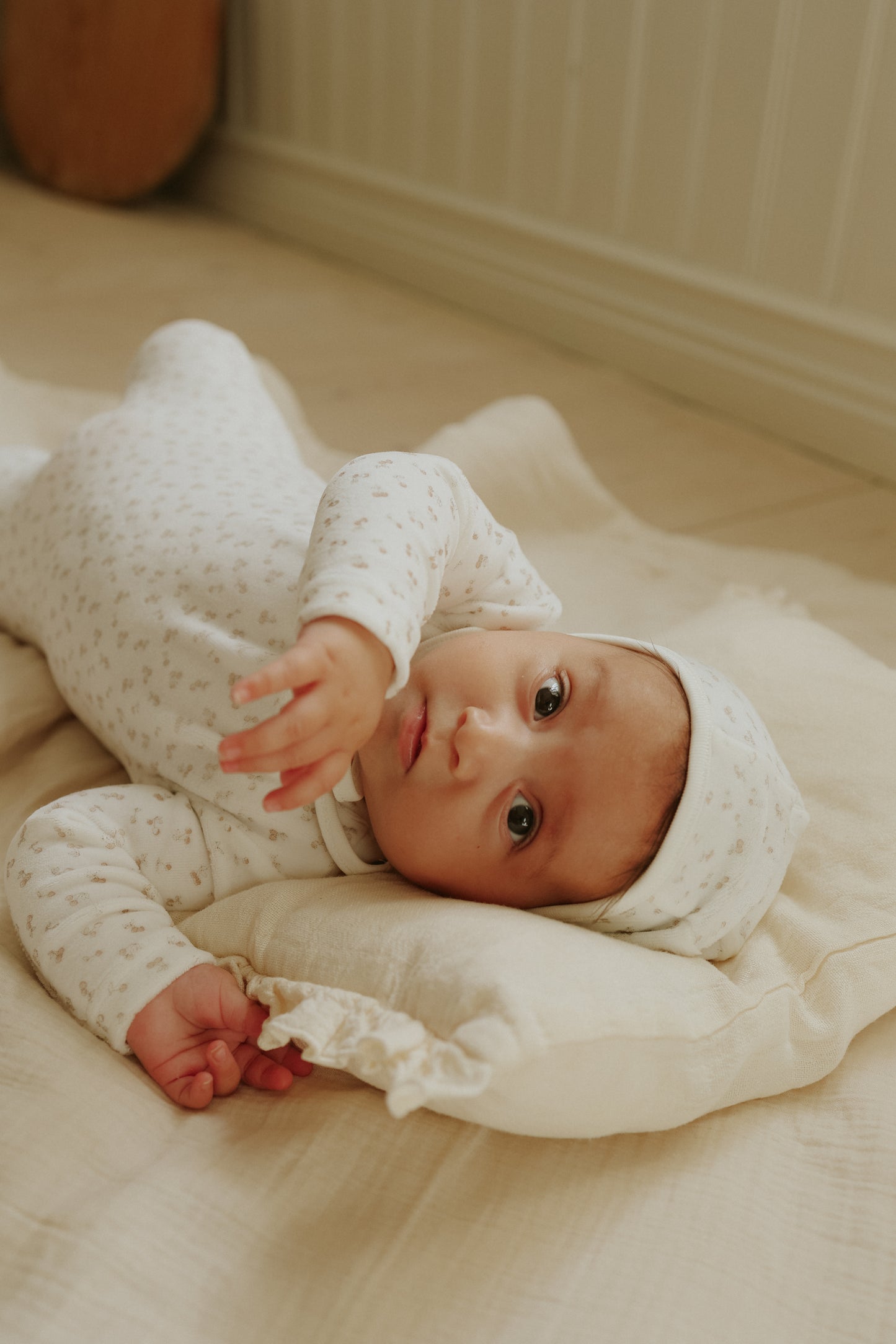 Velour cherry printed footie+ bonnet