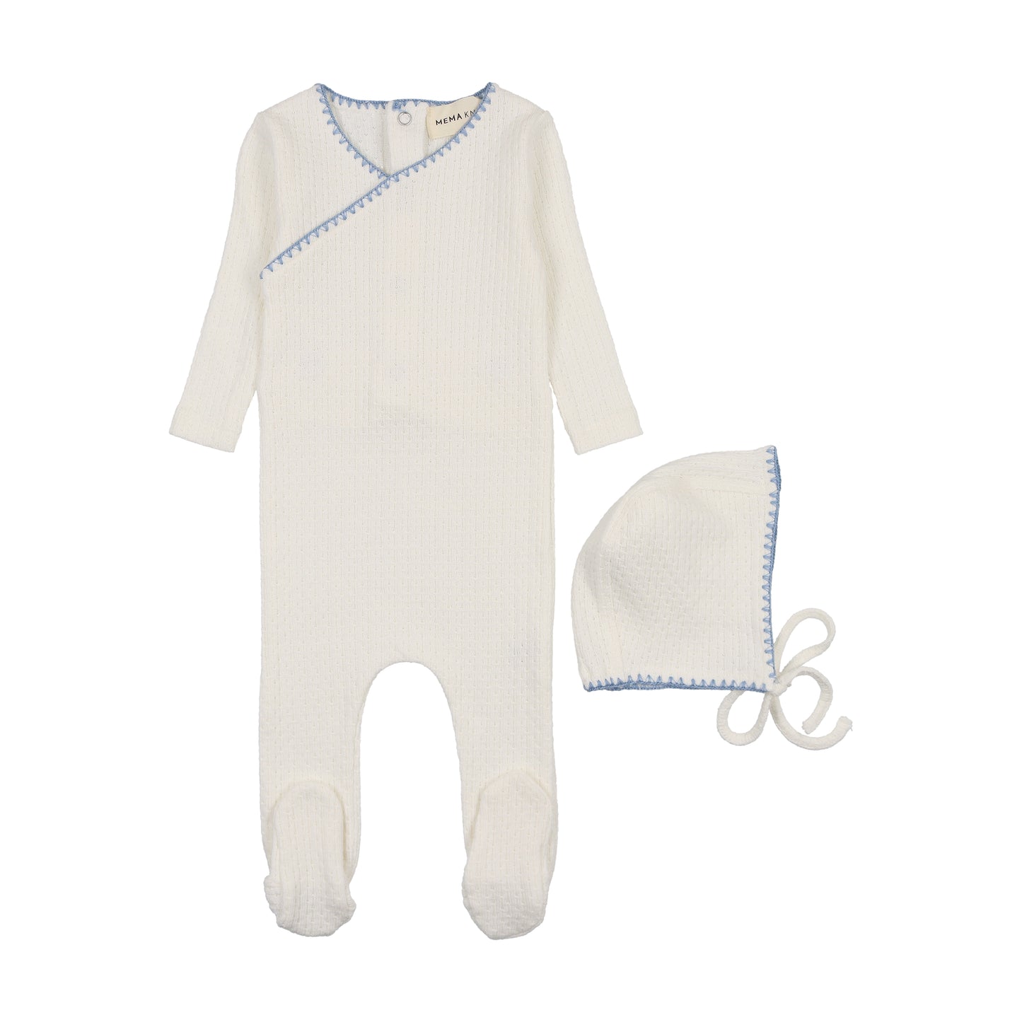 Embroidered edge footie + bonnet