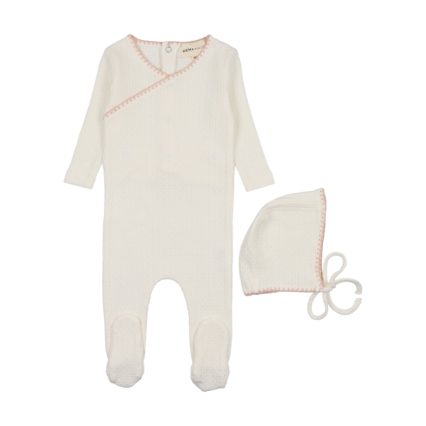 Embroidered edge footie + bonnet