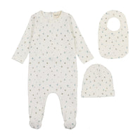 Polka dot floral print footie + beanie & bib