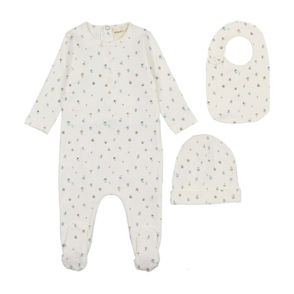 Polka dot floral print footie + beanie & bib