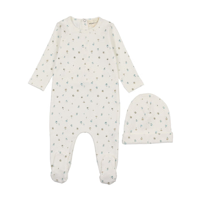 Polka dot floral print footie + beanie