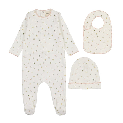 Polka dot floral print footie + beanie & bib