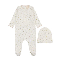 Polka dot floral print footie + beanie