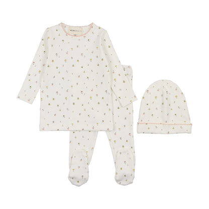 Polka dot floral print two piece set + beanie
