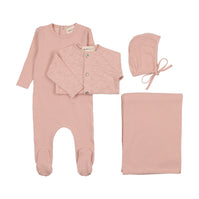 Pointelle footie + slub cardigan four piece sets