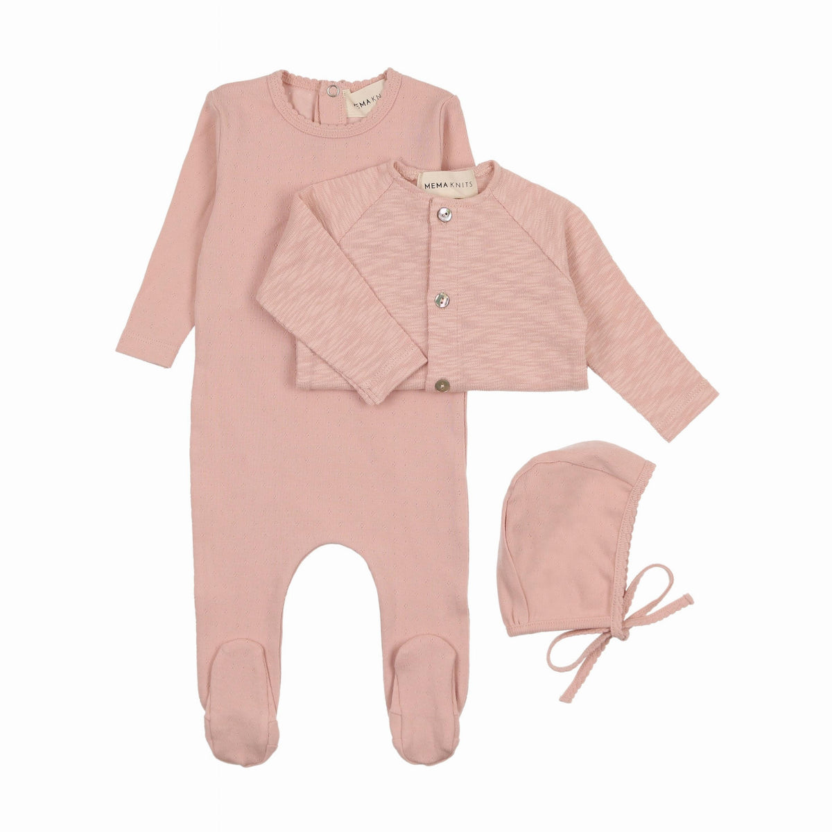 Pointelle footie + slub cardigan + beanie-2