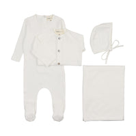 Pointelle footie + slub cardigan four piece sets