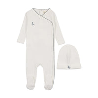 Embroidered picot edge footie + beanie