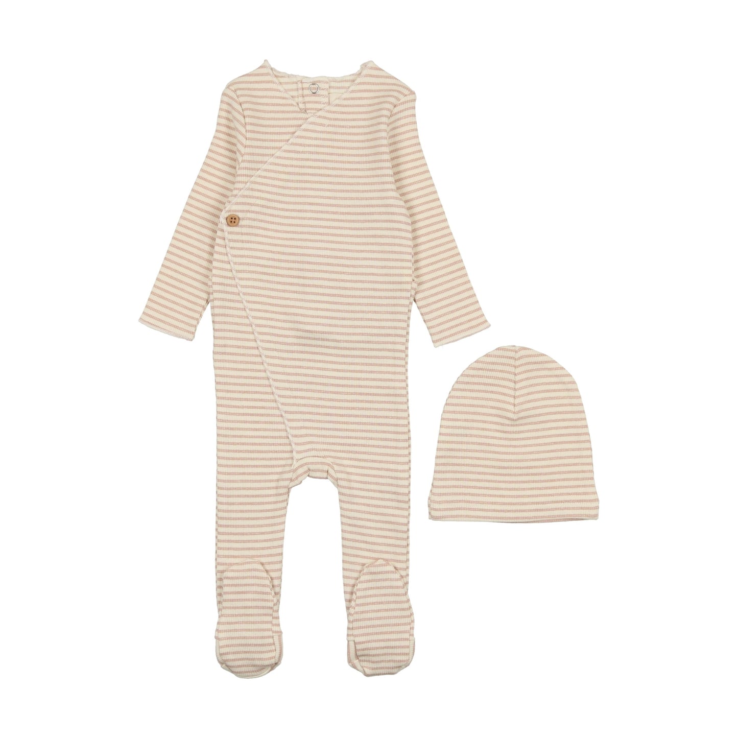 Striped Side Button Footie + Beanie