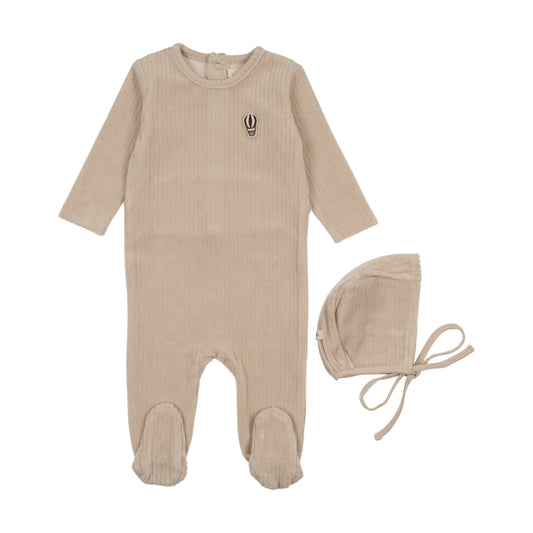 Ribbed velour embroidered footie + bonnet