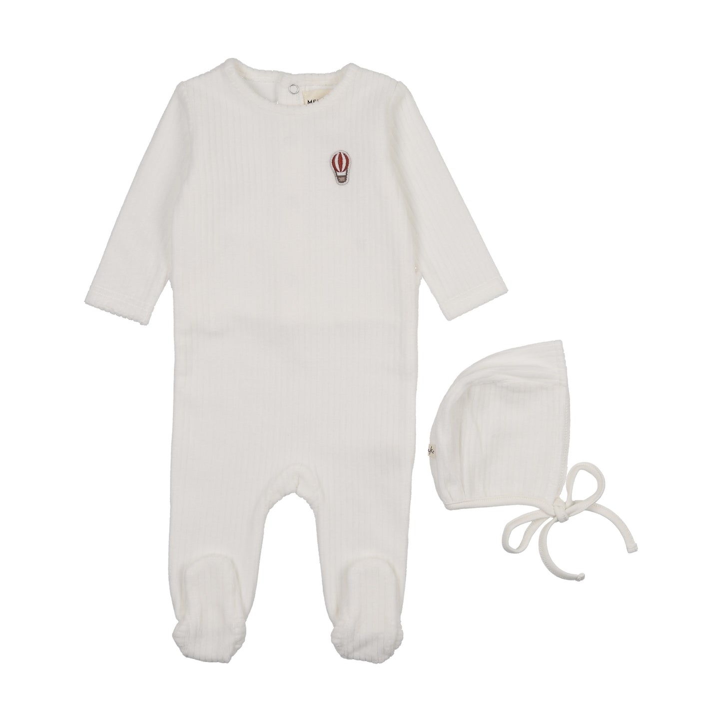 Ribbed velour embroidered footie + bonnet