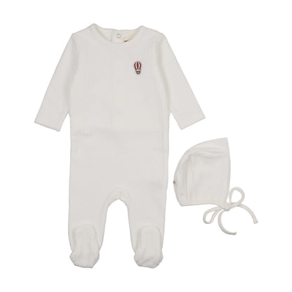 Ribbed velour embroidered footie + bonnet