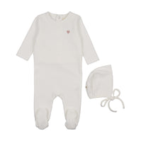 Ribbed velour embroidered footie + bonnet