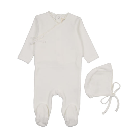 Velour Mock wrap footie + Bonnet