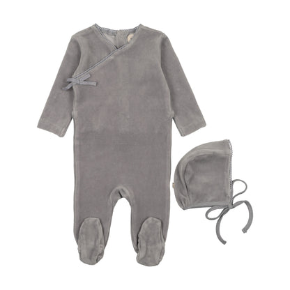Velour Mock wrap footie + Bonnet