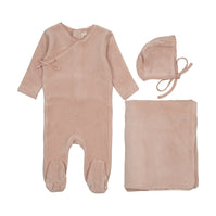 Velour mock wrap footie three piece set