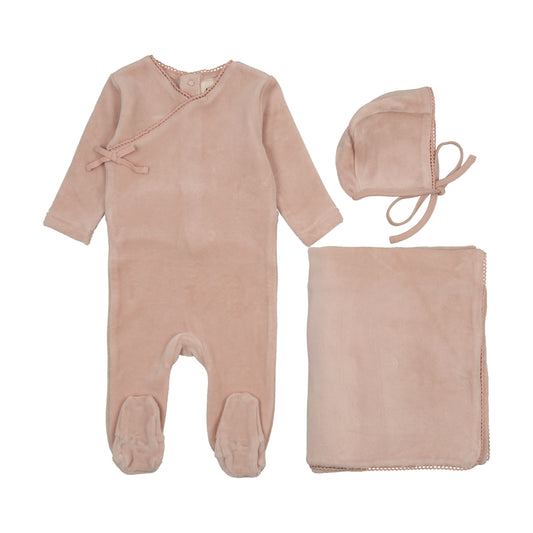 Velour mock wrap footie three piece set