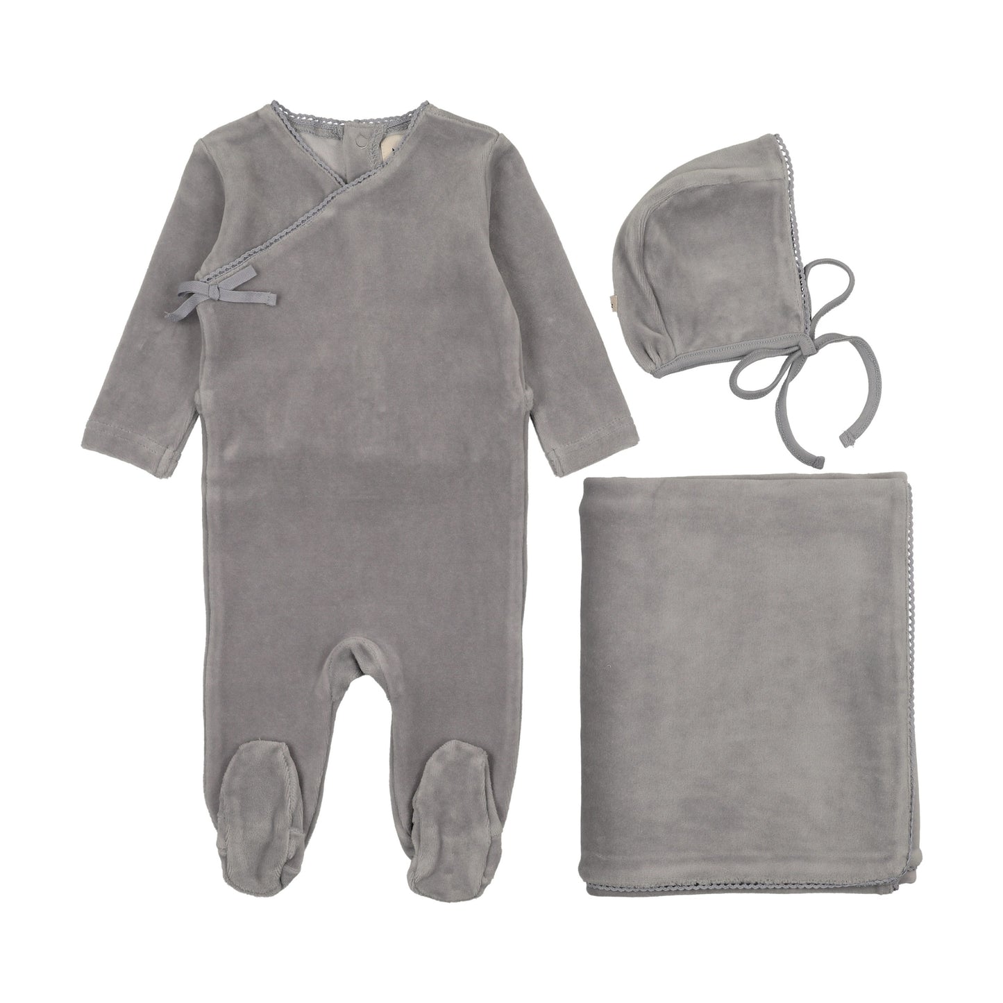 Velour mock wrap footie three piece set