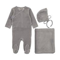 Velour mock wrap footie three piece set