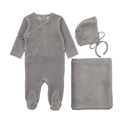 Velour mock wrap footie three piece set
