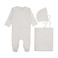 Velour mock wrap footie three piece set