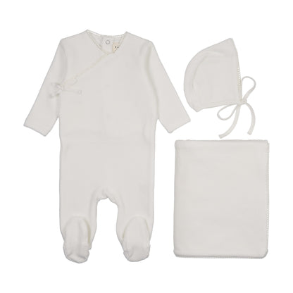 Velour mock wrap footie three piece set