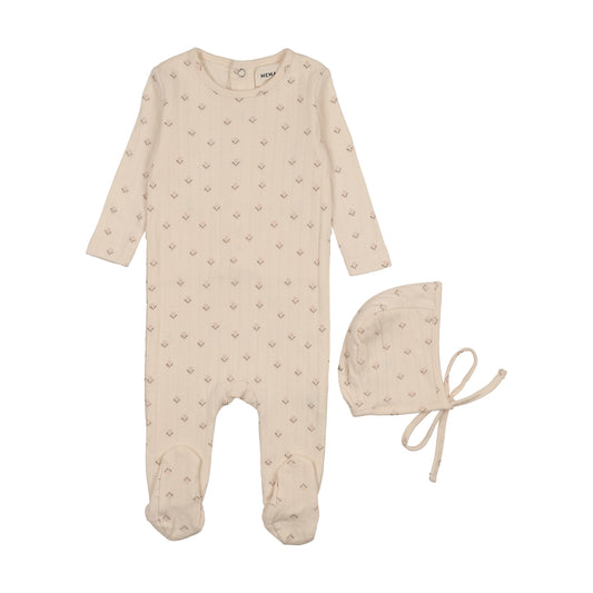 Printed pointelle footie + bonnet