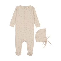 Printed pointelle footie + bonnet